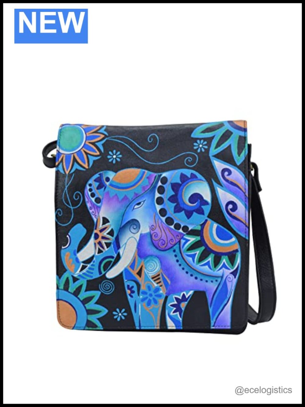 Hand Painted Genuine Leather Flap Crossbody Satchel Adjustable Strap